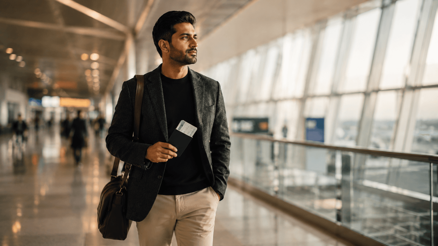 Frequent traveller walking through international airport terminal with passport